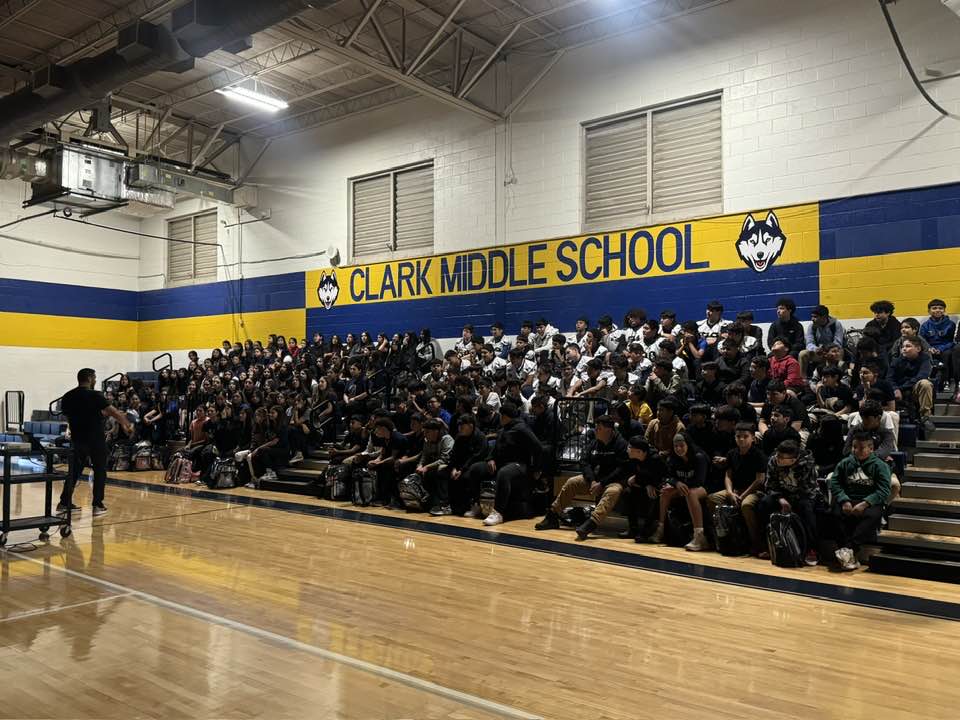Daniel Rosas speaking to students at Clark Middle School